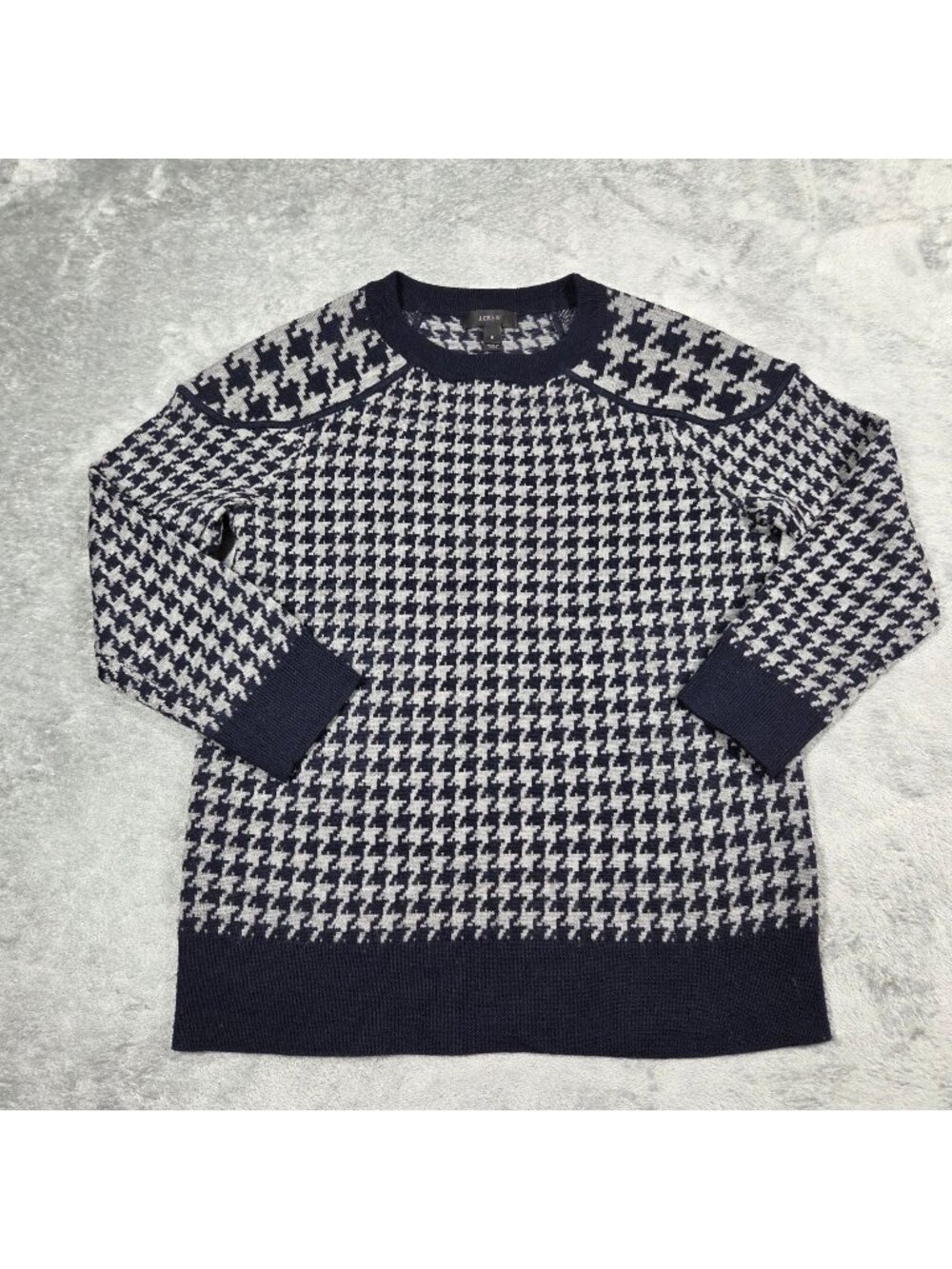 J Crew Sweater Womens Small Gray Navy Blue Merino Wool Houndstooth Preppy